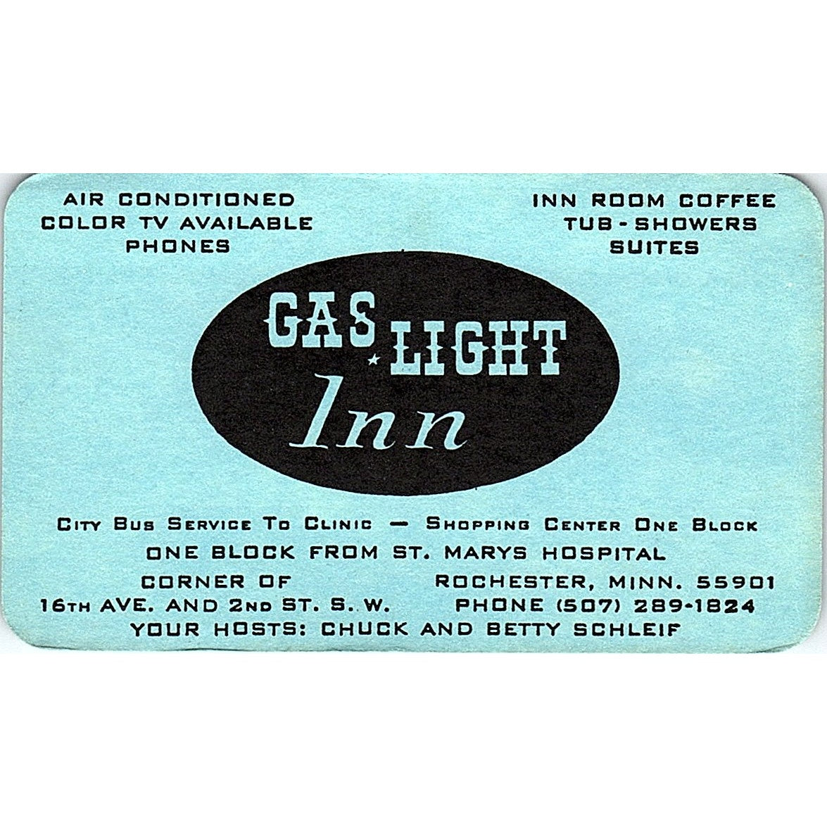 Gas Light Inn Chuck & Betty Schleif Rochester MN Vintage Business Card ML1-6