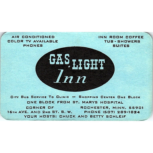Gas Light Inn Chuck & Betty Schleif Rochester MN Vintage Business Card ML1-6