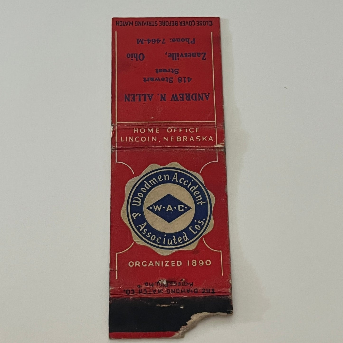 Andrew N Allen Woodmen Accident & Associated Zanesville OH Matchbook TB6-MB2-4