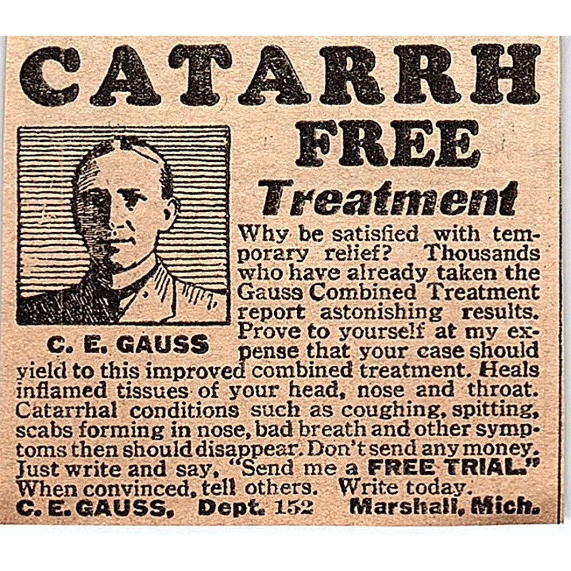 C.E. Gauss Catarrh Treatment Marshall MI 1926 Ad AG3-M2