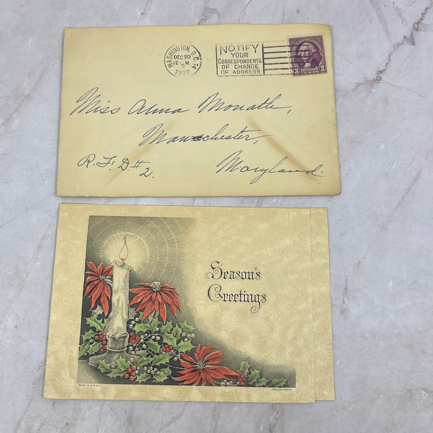 1932 Card and Envelope Anna Mouath Maryland Postal Cover Ai5-PCL