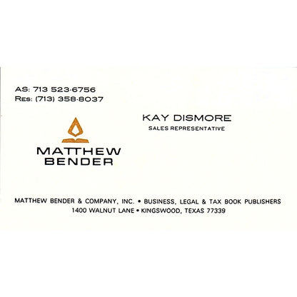 Matthew Bender & Company Kay Dismore Kingswood TX Vintage Business Card SSB4-B13