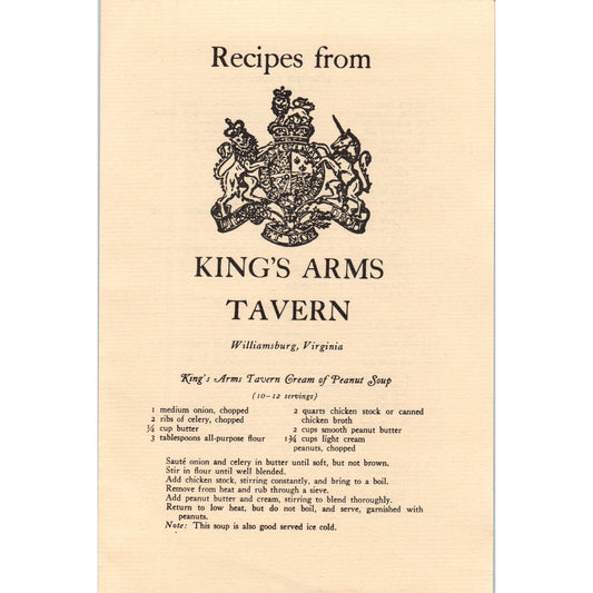 1970s Recipes from the King's Arms Tavern Williamsburg VA Travel Pamphlet TF4-BD