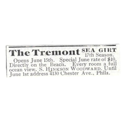 The Tremont Sea Girt S. Hinkson Woodward Philadelphia 1918 Advertisement AE5-SV5