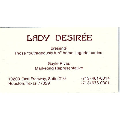 Lady Desiree Lingerie Parties Gayle Rivas Houston Vintage Business Card SE5-B4