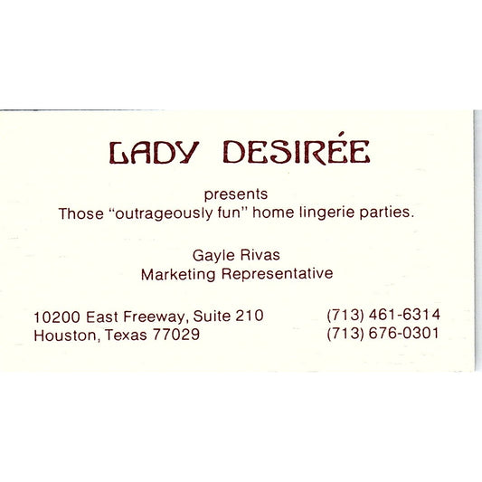 Lady Desiree Lingerie Parties Gayle Rivas Houston Vintage Business Card SE5-B4