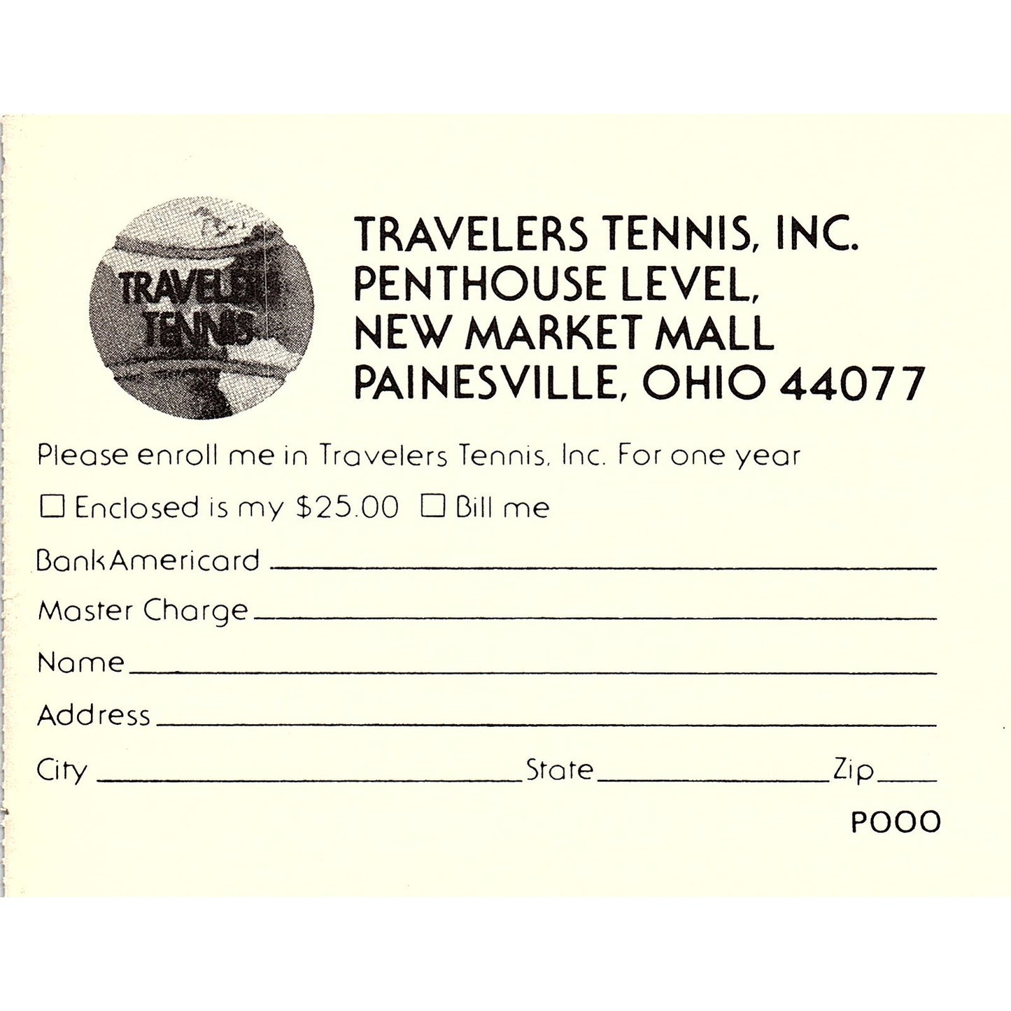Travelers Tennis Inc Blank Postal Card Painesville OH 1977 Ad AF3-M2