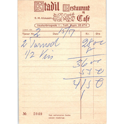 1960s Stadil Restaurant Og Cafe E.M. Klausen Letterhead Receipt AF7-E10