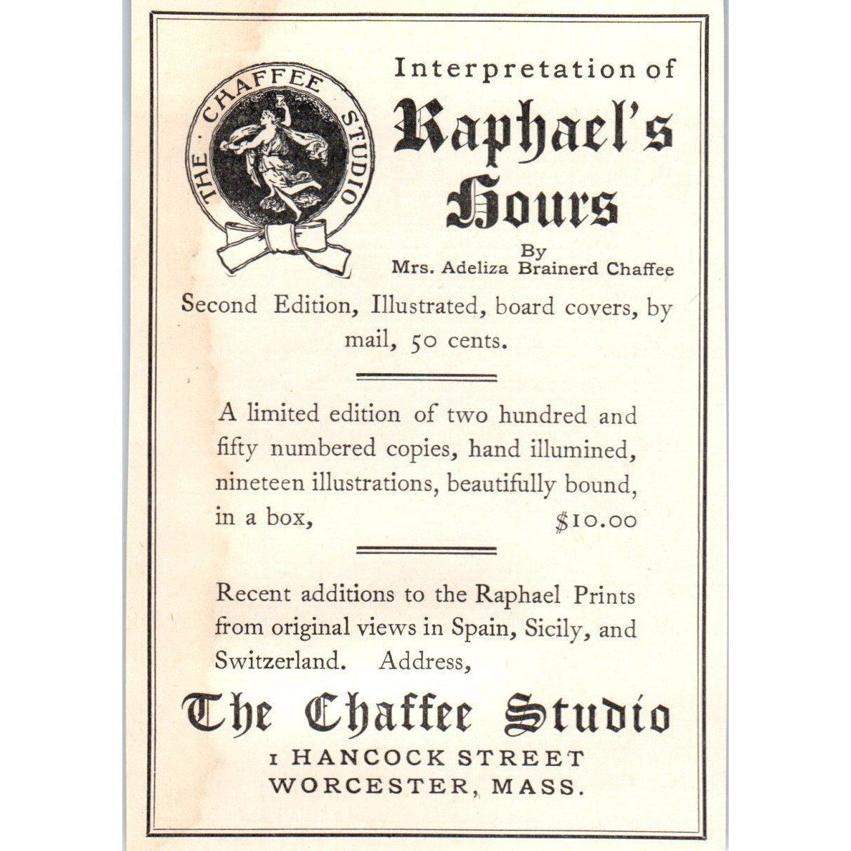 The Chaffee Studio Interpretation of Raphael's Hours Worcester 1906 Ad AB8-MA2
