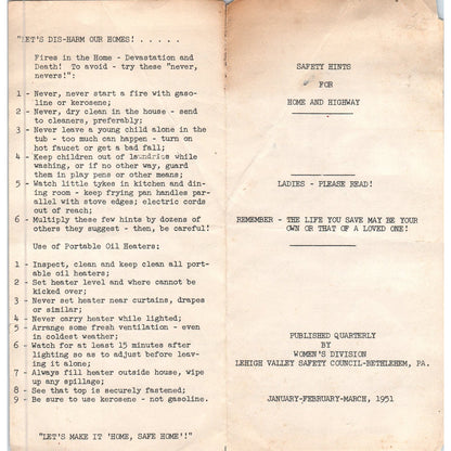1951 Lehigh Valley Women's Safety Council Bethlehem PA Safety Leaflet AE5