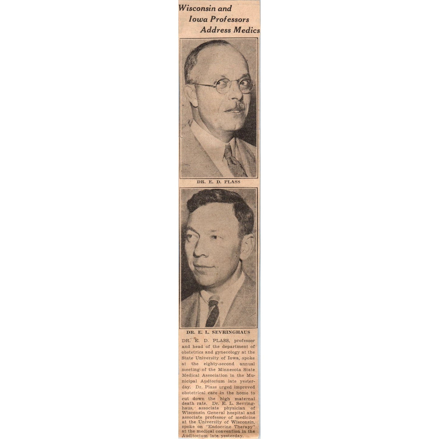 Drs E.D. Plass, E.L. Stevens Gynecology 1935 Minneapolis Journal Article AE7-N4