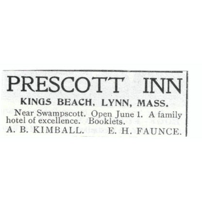 Prescott Inn Kings Beach Lynn MA A.B. Kimball c1918 Advertisement AE5-SV5