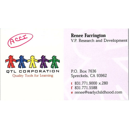Renee Farrington QTL Corporation Spreckels CA Vintage Business Card SC9-B9