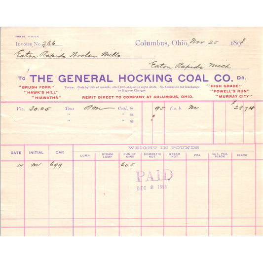 1898 The General Hocking Coal Co Columbus Ohio Billhead Letterhead D17