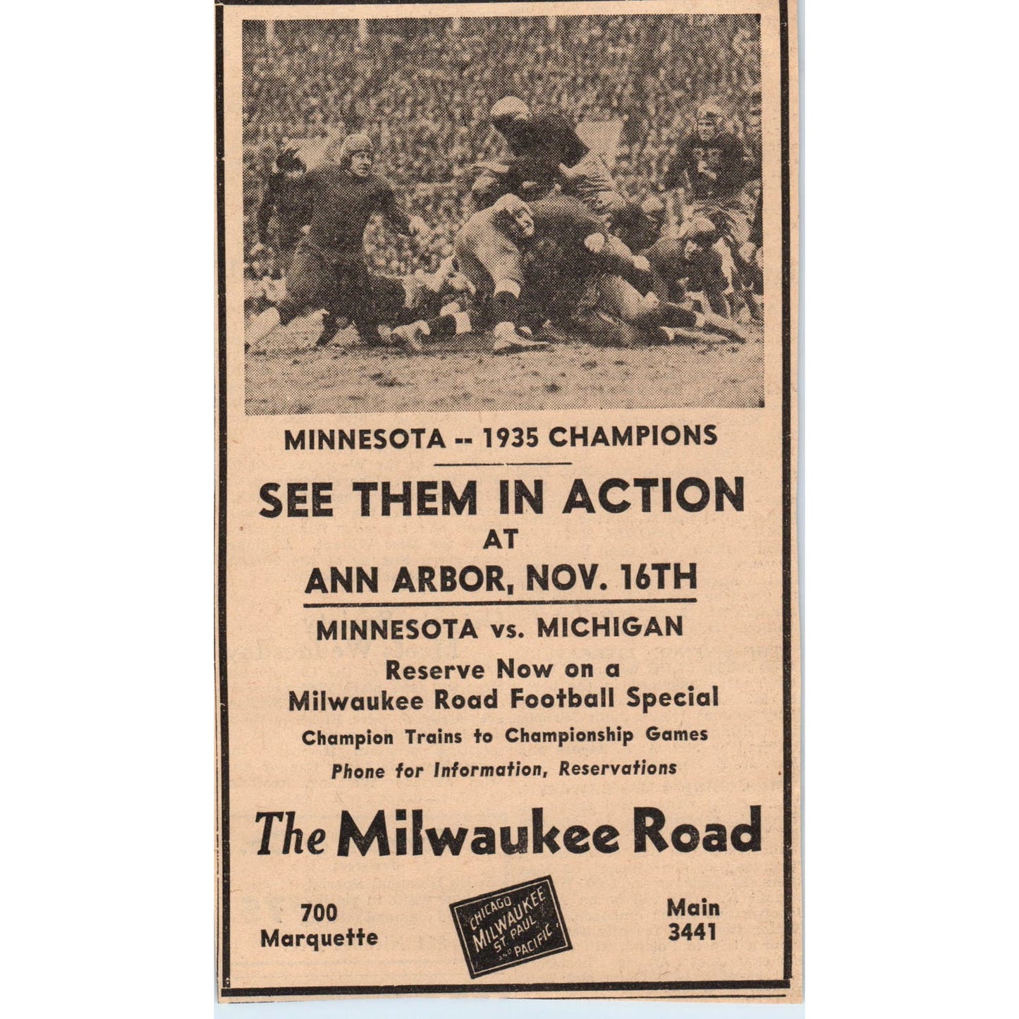 Minnesota Gophers 1935 Football Champions Milwaukee Road Advertisement AE7-N2