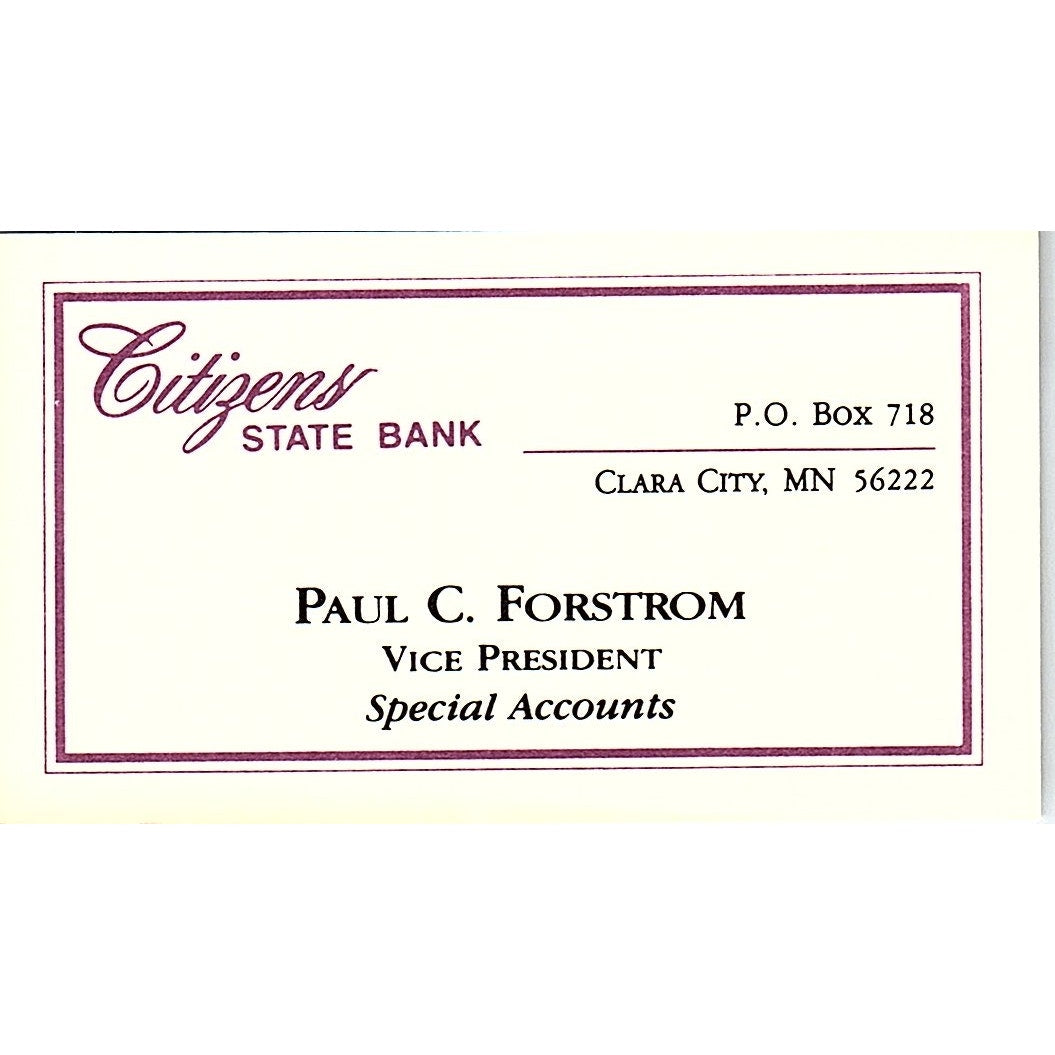 Paul C Forstrom Citizens State Bank Clara City MN Vintage Business Card SC9-B7