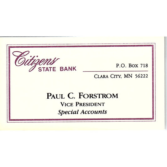 Paul C Forstrom Citizens State Bank Clara City MN Vintage Business Card SC9-B7
