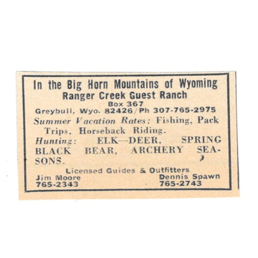 Ranger Creek Guest Ranch Jim Moore Dennis Spawn Greybull WY 1977 Ad AF6-S2
