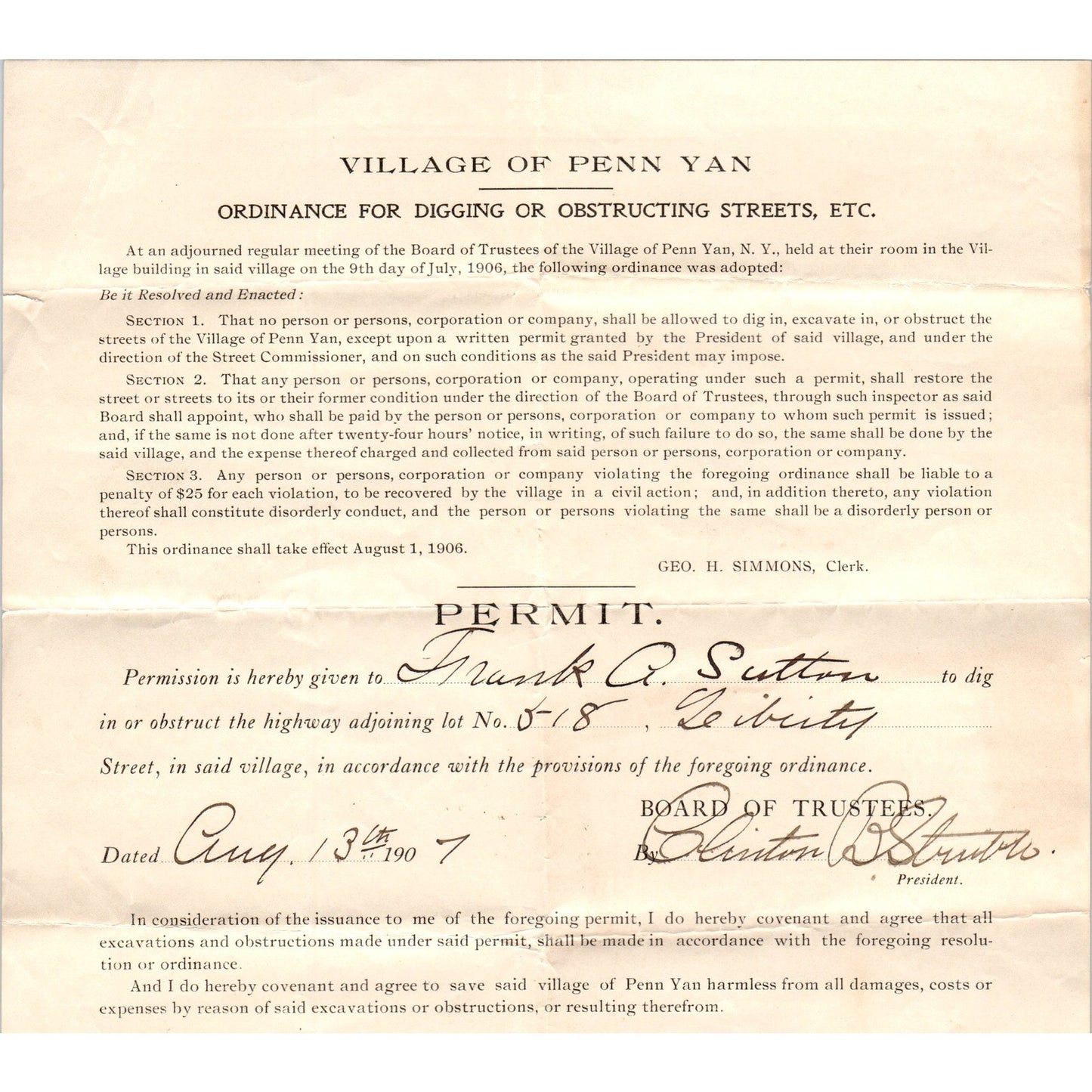 1907 Village of Penn Yan NY Ordinance for Digging Permit AB6-OD1