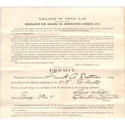1907 Village of Penn Yan NY Ordinance for Digging Permit AB6-OD1