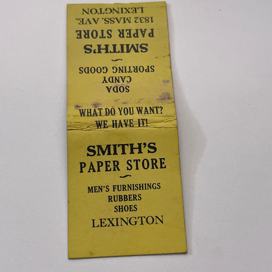 Smith's Paper Store 1832 Mass Ave. Lexington Vintage Matchbook Cover TB8-MB-11