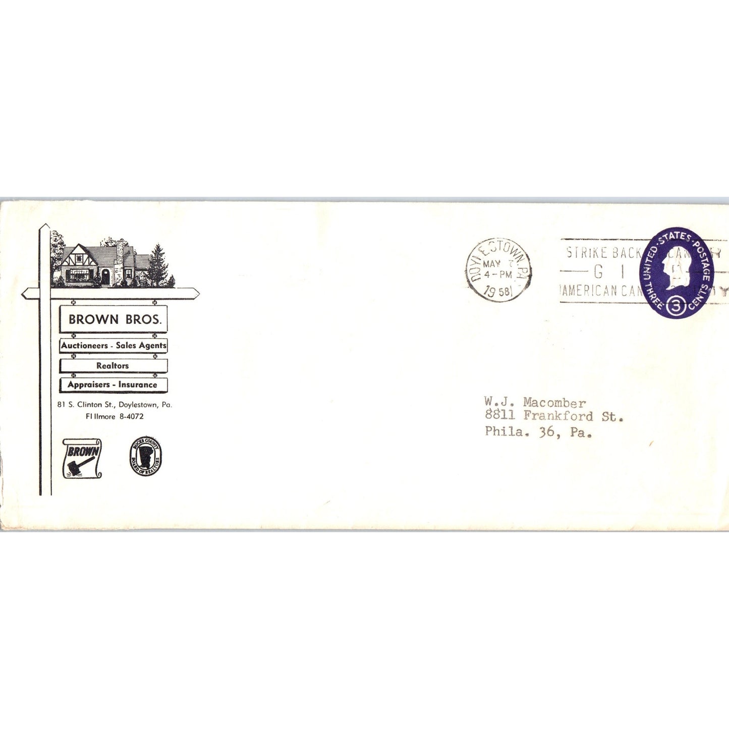 1952 Brown Bros Auctioneers Doylestown PA Postal Cover Envelope TH9-L2