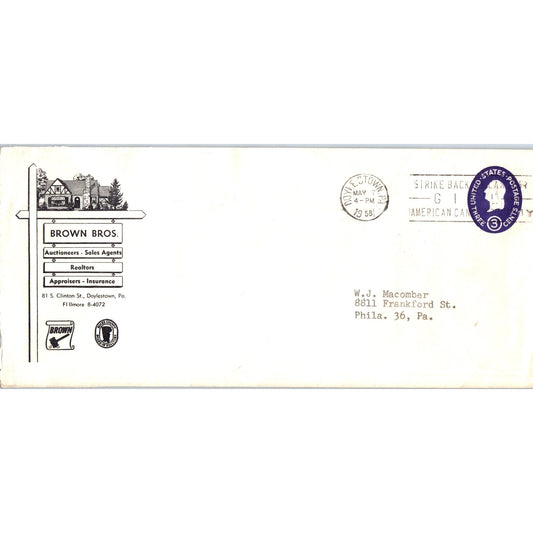 1952 Brown Bros Auctioneers Doylestown PA Postal Cover Envelope TH9-L2