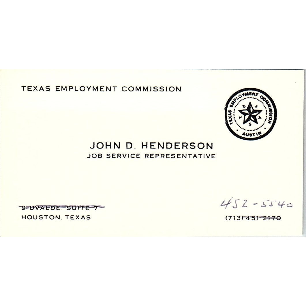 Texas Employment Commission, John D. Henderson, Houston TX, Business Card SF3-B8