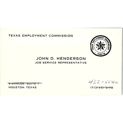 Texas Employment Commission, John D. Henderson, Houston TX, Business Card SF3-B8