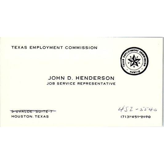 Texas Employment Commission, John D. Henderson, Houston TX, Business Card SF3-B8