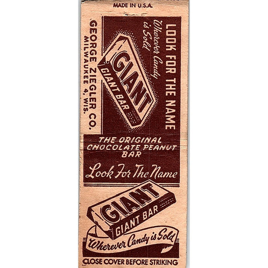 Giant Bar Candy George Ziegler Co Milwaukee WI Vintage Matchbook Cover SC7-Y2