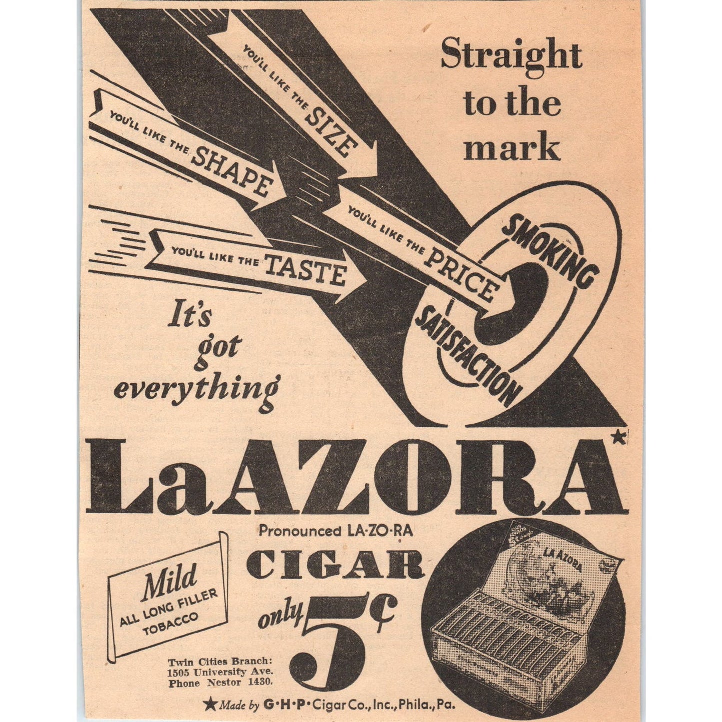 La Azora Cigar G.H.P. Cigar Co 6x8" 1935 Minneapolis Journal Advertisement D10