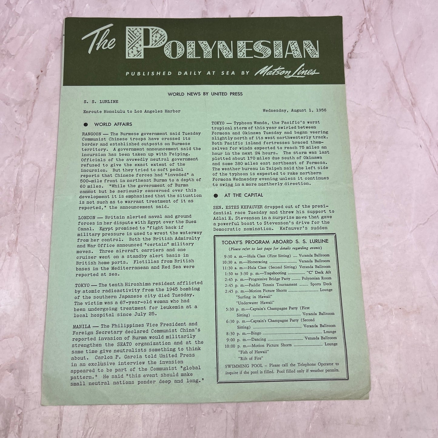 1956 Aug 1 - The Polynesian Hawaii Travel Newsletter Matson Lines TJ5-E1