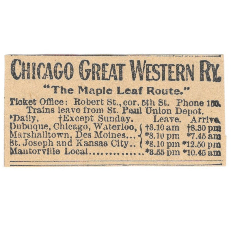 Chicago Great Western Railway Timetables St. Paul 1898 Newspaper Ad AF2-S7