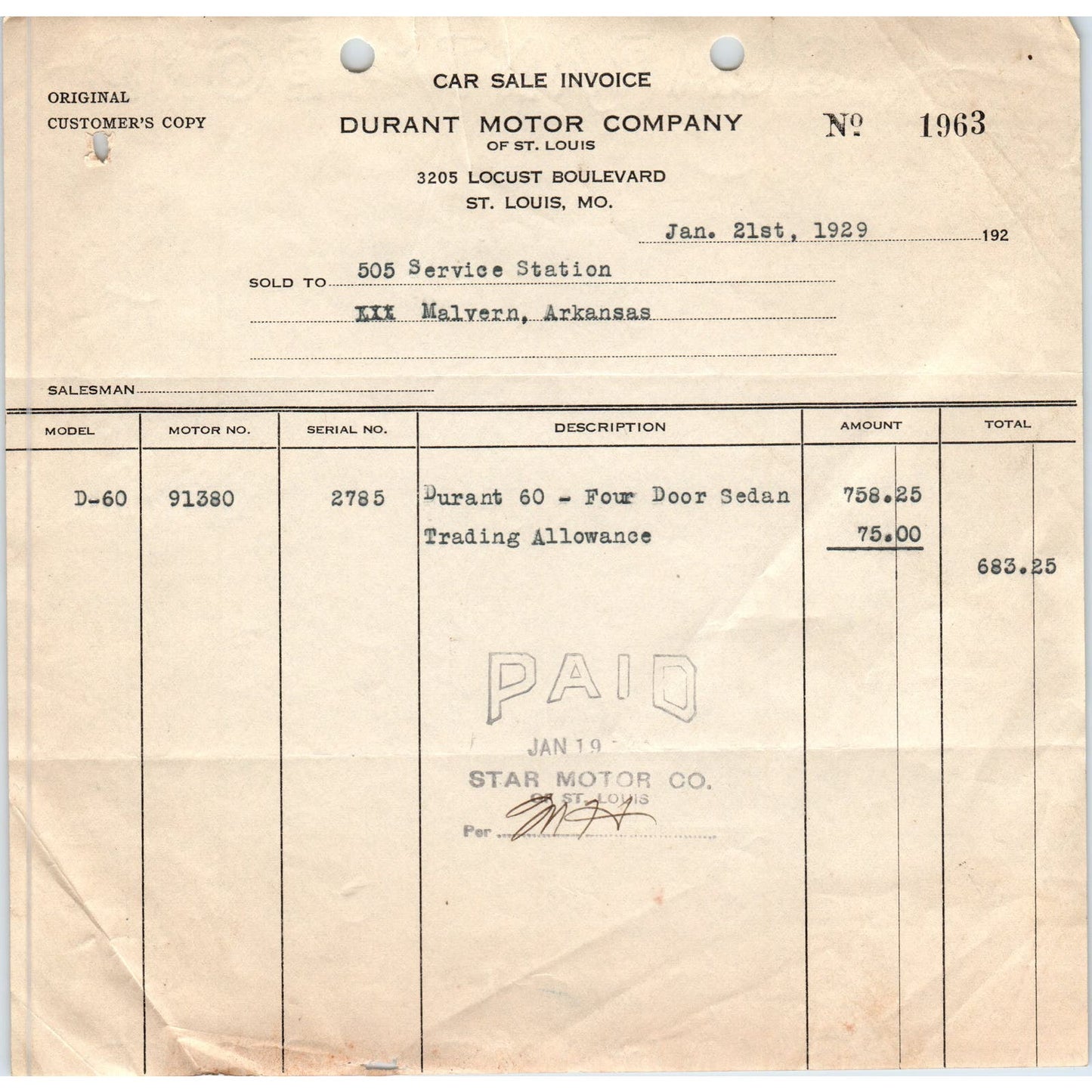 1929 Durant Motor Company of St. Louis Car Sale Invoice D10