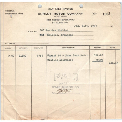 1929 Durant Motor Company of St. Louis Car Sale Invoice D10