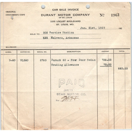 1929 Durant Motor Company of St. Louis Car Sale Invoice D10