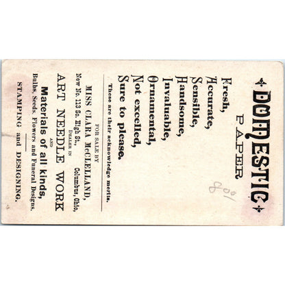 Domestic Paper Needlework Clara McClelland Columbus OH c1880 Trade Card AB6-1