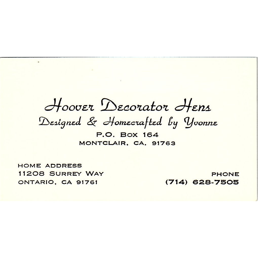 Hoover Decorator Hens by Yvonne Montclair CA Ontario Vtg Business Card SE3-B12