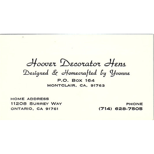 Hoover Decorator Hens by Yvonne Montclair CA Ontario Vtg Business Card SE3-B12
