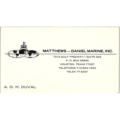 A.O.H. Duval Matthews Daniel Marine Inc Houston Vintage Business Card SD9-B7