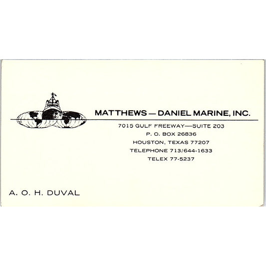A.O.H. Duval Matthews Daniel Marine Inc Houston Vintage Business Card SD9-B7