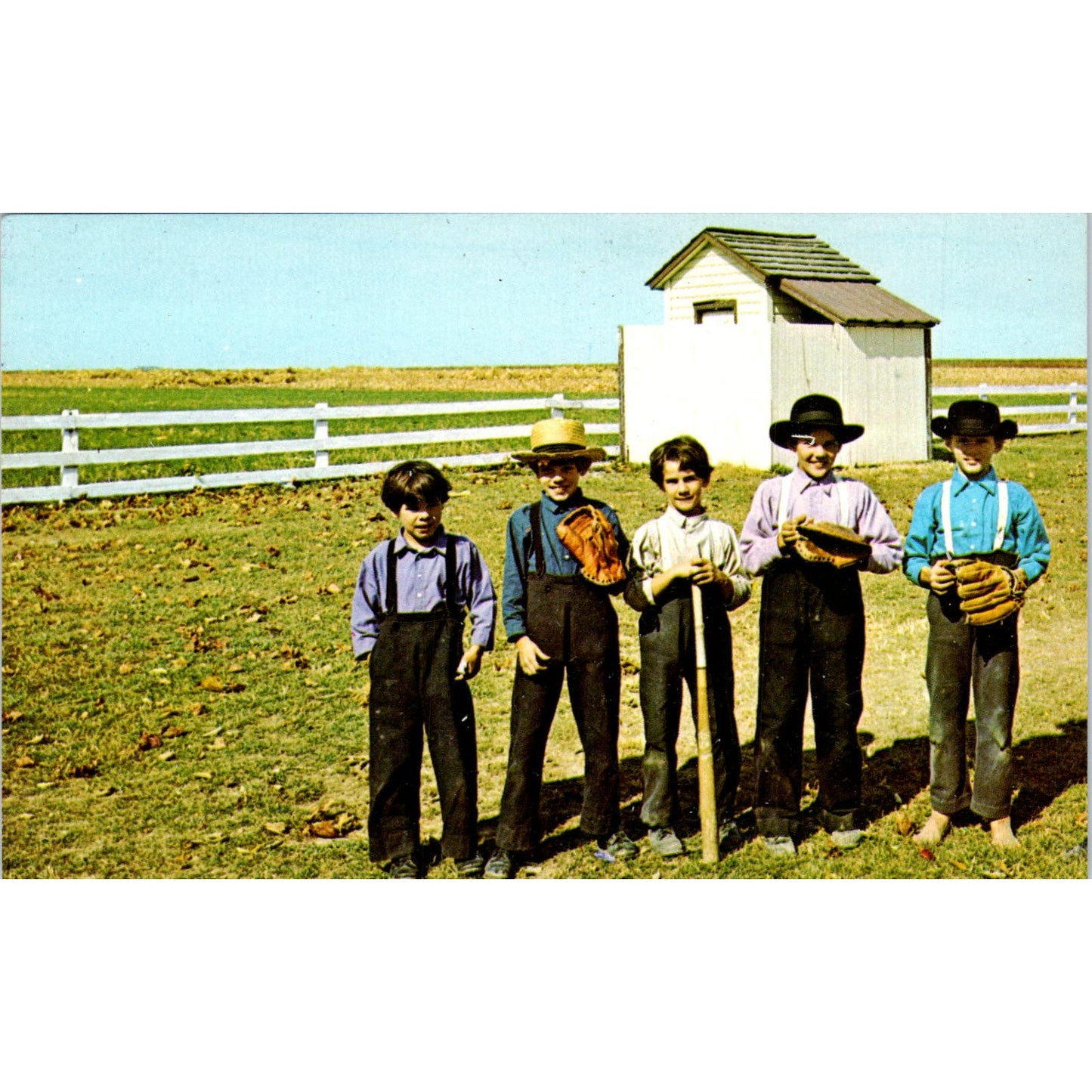 Amish Children Play Baseball at Recess Pennsylvania Dutch Country Postcard PD7