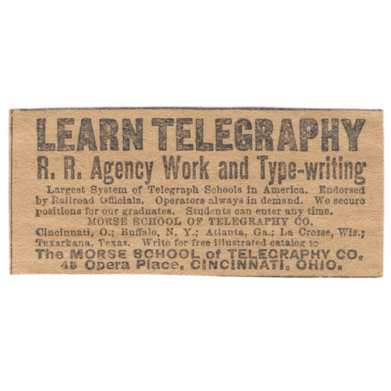 Learn Telegraphy Morse School of Telegraphy Cincinnati 1906 Original Ad AK6-S11
