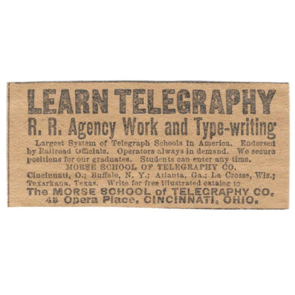 Learn Telegraphy Morse School of Telegraphy Cincinnati 1906 Original Ad AK6-S11