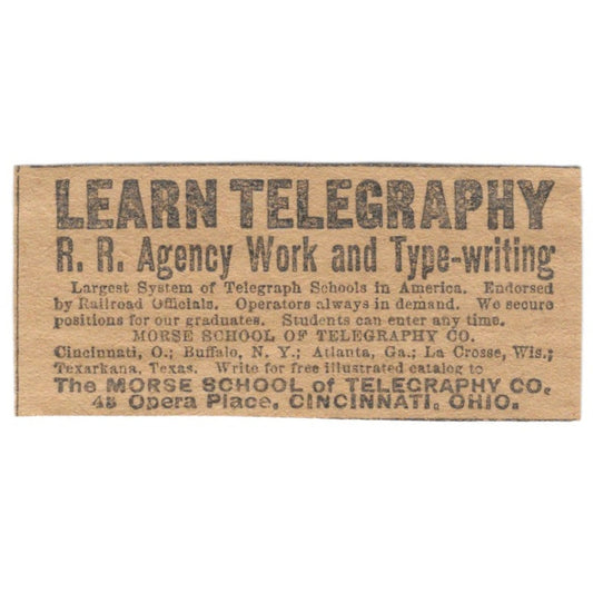 Learn Telegraphy Morse School of Telegraphy Cincinnati 1906 Original Ad AK6-S11