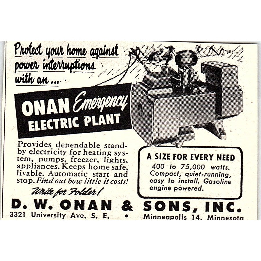 Onan Emergency Electric Plant D.W. Onan & Sons Inc Minneapolis MN 1955 Ad AF9-S5