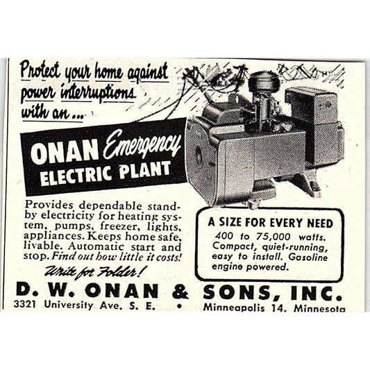 Onan Emergency Electric Plant D.W. Onan & Sons Inc Minneapolis MN 1955 Ad AF9-S5