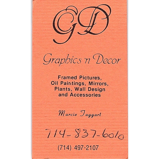 Marcie Taggart Graphics N' Decor Frames Anaheim CA Vintage Business Card SD9-B4