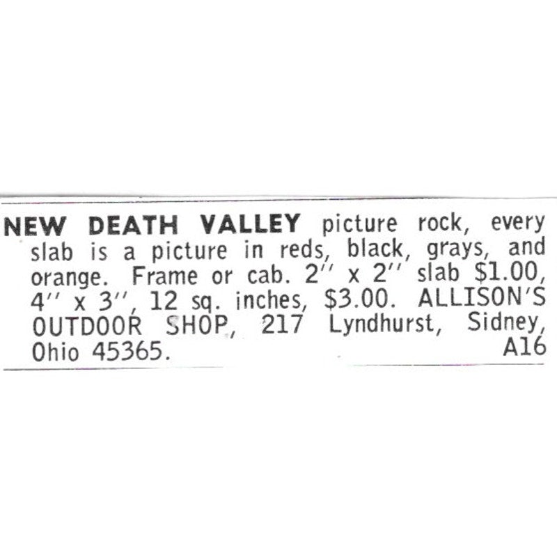Allison's Outdoor Shop Death Valley Picture Rock Sidney OH 1972 Ad AF8-S17
